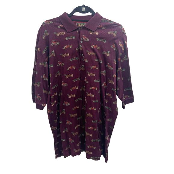 Bobby Jones Antique Car Pattern Burgundy Knit Short Sleeve Polo Men's XL - Picture 1 of 6